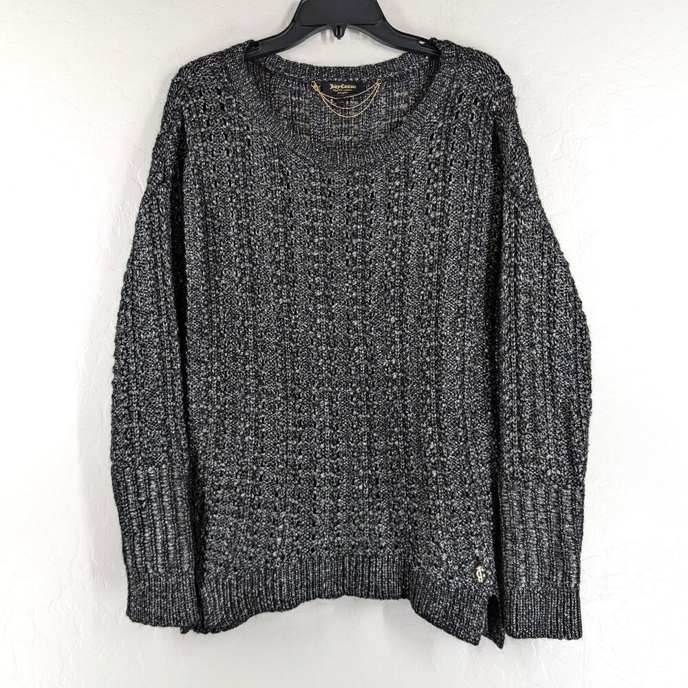 JUICY COUTURE Black Label Sweater Women's M Black Gray Eyelet Long Sleeve Y2K
